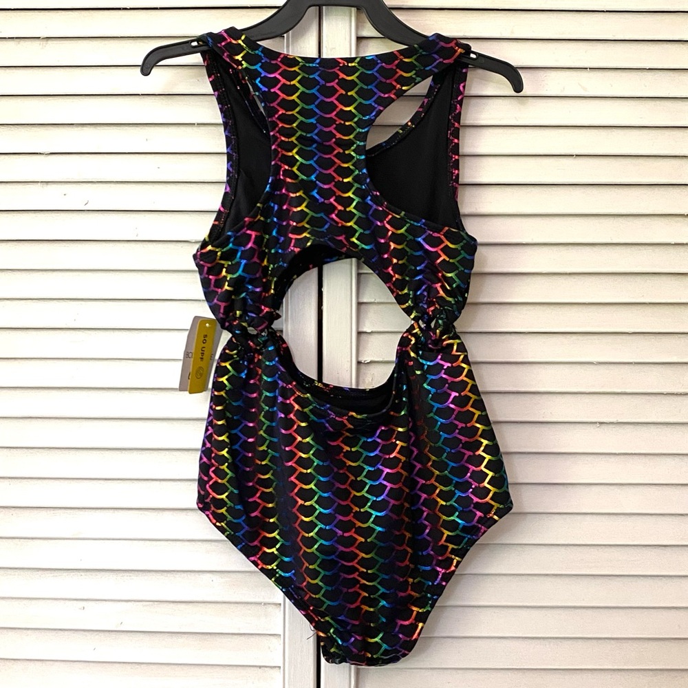 Body Glove Swimsuit Girls size 10 Rainbow Scale Cutout One-Piece Black Multi NWT - Picture 8 of 10